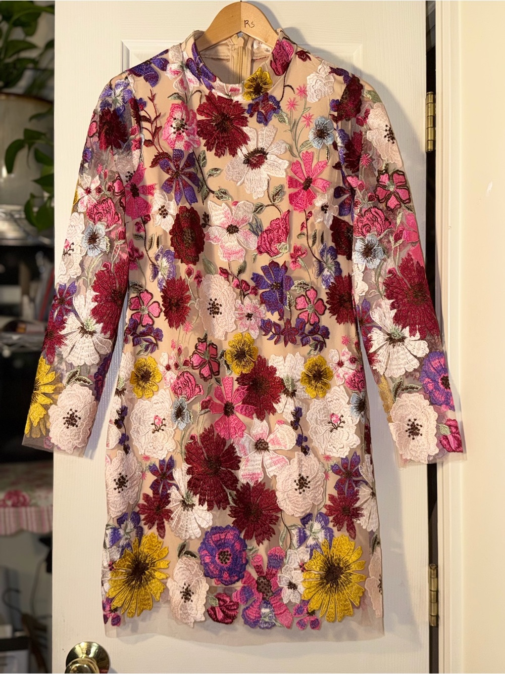 Just Me Floral Embroidered Mesh Long Sleeve Mini Dress Size M Nude Multicolor